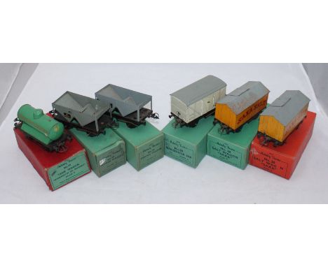 Six Hornby Trains O-gauge No.50 Van/ Wagons including 2x Hopper Wagon, 2x Saxa Salt Wagon, Refrigerator Van and Manchester Oi