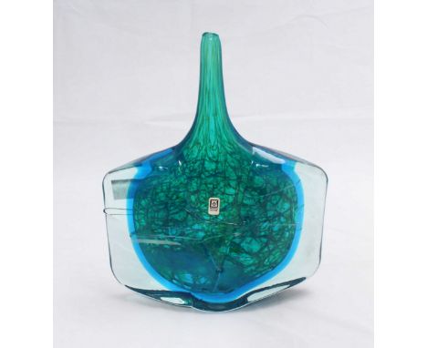 A 1980's Mdina glass fish vase of shaft and compressed globe form designed by Michael Harris, with heavy clear crystal strapp