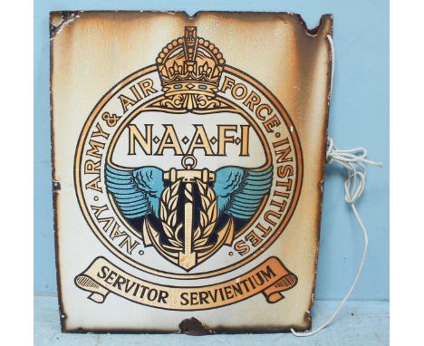 A metal and enamel advertising sign for N.A.A.F.I, 77 x 61cm.