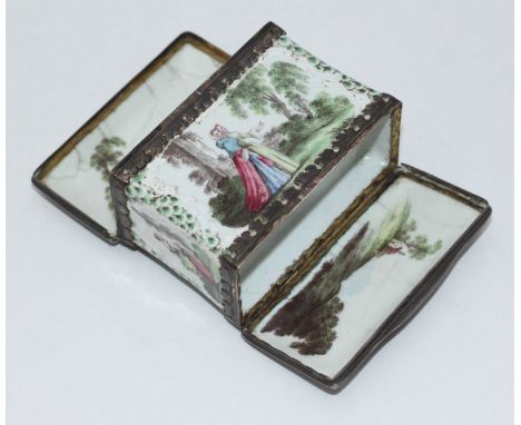 An 18th century possibly South Staffordshire rectangular snuff box with double-end hinged covers enclosing one deep and one s