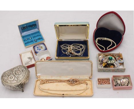 A quantity of costume jewellery including four pearl necklaces, Exquisite, some silver, and some trinket boxes