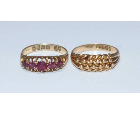 An 18ct gold and five stone ruby ring, together with an 18ct gold ring with raised studded decoration, ring sizes M, approx. 