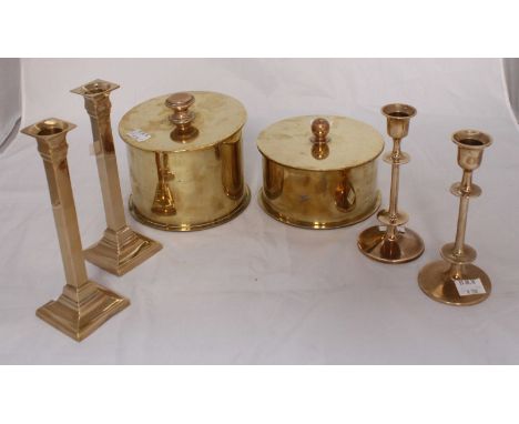 Two various large circular trench art pots and covers, fashioned from WW1 brass artillery shell cases, together with two pair