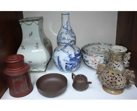 SECTION 15.  An Oriental porcelain double gourd blue and white peacock vase, together with a carved soapstone vase, a square 