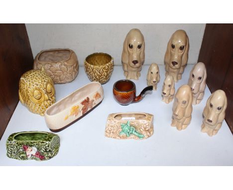 SECTION 10.  Fourteen Sylvac items including a seven fawn sad dogs of various sizes, an owl money box No.5106, Pixie trough, 