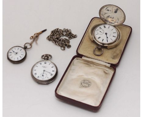 A hallmarked silver pocket watch by J W Benson, white enamel dial with Roman numerals, together with a silver full-hunter poc