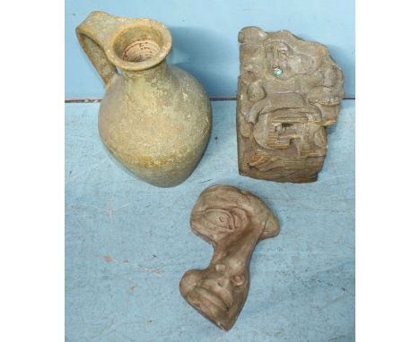 A Picassoesque ceramic head, together with a carved square-section ceramic sculpture and large Etruscan style ceramic water j