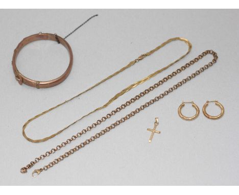 A 9ct gold stiff hinged bangle, a pair of 9ct gold hooped earrings, two various 9ct gold necklaces and a crucifix, gross weig