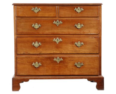 A George II red walnut chest, the top with a moulded edge above two short and three long graduated drawers and bracket feet, 