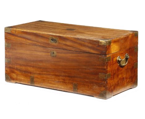 A Chinese camphorwood trunk, with brass mounts and a campaign style sunken brass handle, with side carrying handles, late 19t