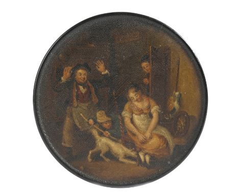 An early 19th century lacquered papier-mâché snuff box by Samuel Raven (1775-1847), of circular form, the lid painted with an
