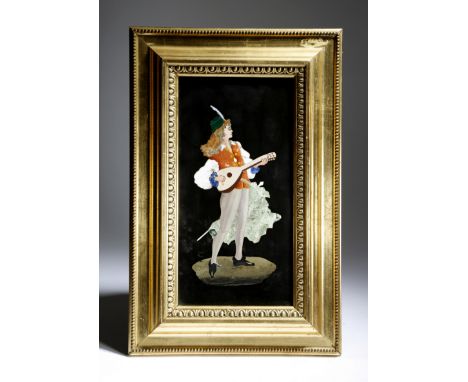 A late 19th century Italian Florentine pietra dura plaque, of a minstrel playing a mandolin, inlaid with various hardstones, 