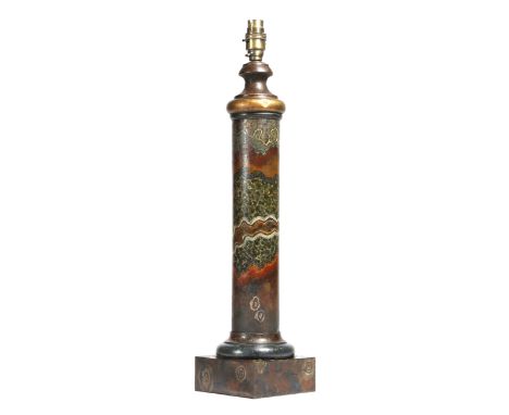 A late 19th century French tôle peinte table lamp, with simulated marble decoration, 56.2cm high.