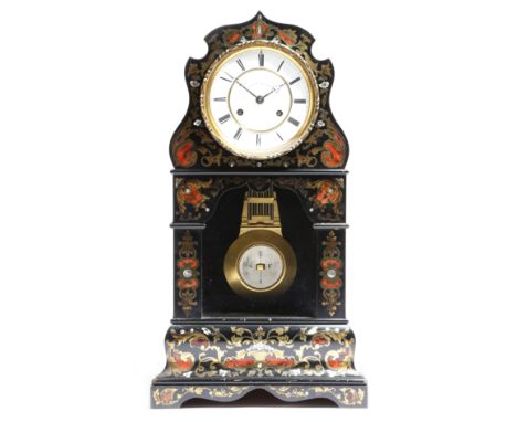 λ A late 19th century French ebonised mantel clock by Brocot, the eight day brass drum cased movement striking on a bell, sta