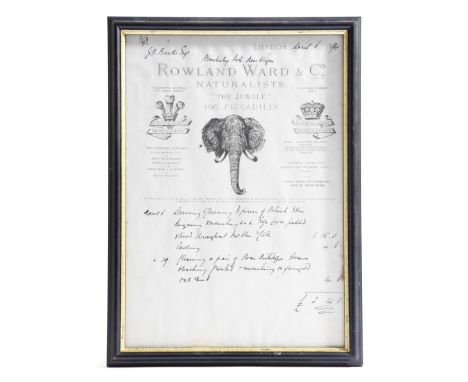 Taxidermy interest. A late Victorian Rowland Ward printed sale invoice, dated 6th April 1894, for G. H. Banks Esq., Winstanle