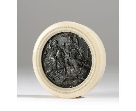 λ A 19th century ivory snuff box, the lid inset with an electro-type medallion depicting the arrival of the Turks at the gate