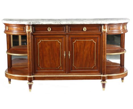 A French mahogany side cabinet in Louis XVI style, with ormolu mounts, the breakfront brèche marble top with a moulded edge, 