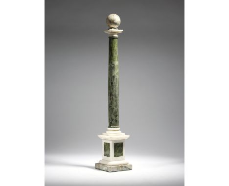 An Italian green and white marble Grand Tour model of a column, with a ball finial and a turned stem on a square plinth base,