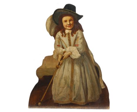 Golfing interest. A rare 19th century Dutch painted wood dummy board, depicting a child playing golf after a painting by Aelb