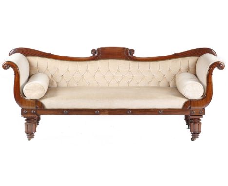 A William IV mahogany and brass mounted scroll end sofa in the manner of Thomas King, button upholstered with plush fabric, t