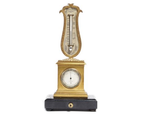 An early Victorian gilt brass desk thermometer and aneroid barometer by Dollond of London, with silvered dials, both signed '