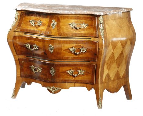 λ A Swedish kingwood bombe serpentine commode, with gilt brass mounts, parquetry lattice panels and rosewood banding, the rou