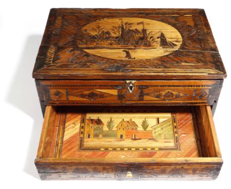 A Napoleonic prisoner of war straw-work games box, the hinged lid with an oval panel, inlaid with a harbour scene with buildi