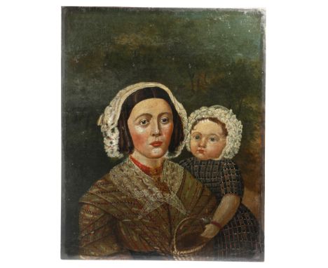 A 19th century naive oil on board portrait of a mother and child, possibly American, unframed, 62 x 50cm.