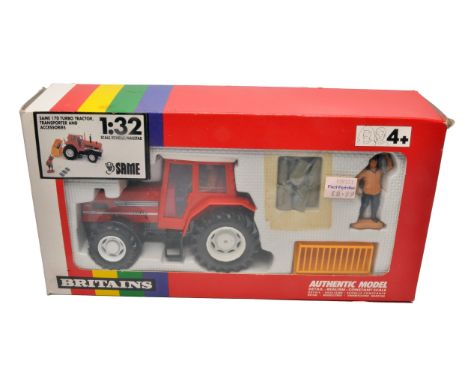 Britains 1/32 farm model issue comprising Same 170 Turbo Tractor, Transporter and Accessories Set (9647). Excellent and secur
