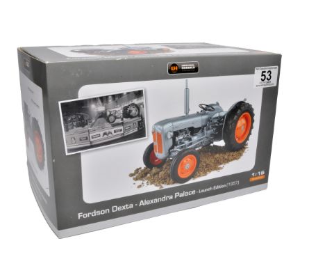 Universal Hobbies 1/16 farm model issue comprising Fordson Dexta - Alexandra Palace - Launch Edition (1957). Looks to be with