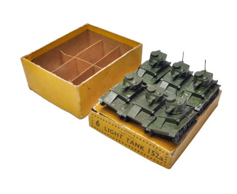 Dinky Pre-war No. 152A Light Tank original trade box containing 6 examples, as shown. One has one side track loose in box (re
