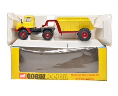 Corgi No. 1145 Major Pack Mercedes Benz Unimog 406 with Goose Trailer. Yellow, maroon, red interior. Displays generally excel