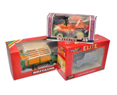 Britains 1/32 trio of farm model issues including Fiat Tractor, Series 1 Land Rover and Loader wagon. In original boxes (some