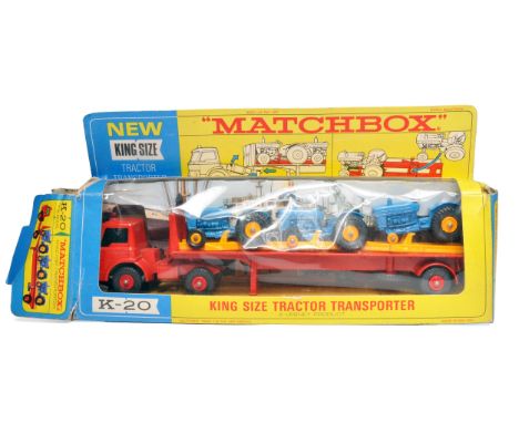 Matchbox Kingsize No. K-20 Tractor Transporter (all red). Complete with trio of Ford Tractor issues. Displays generally excel