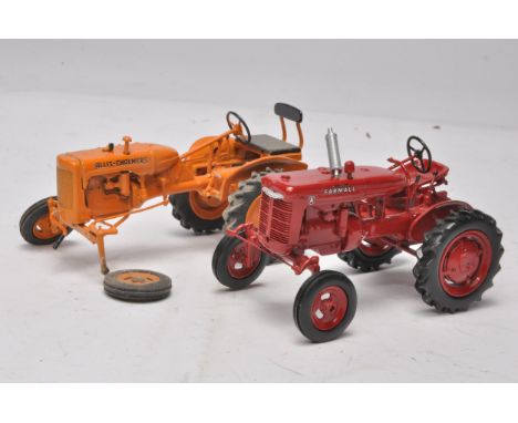 Scaledown handbuilt tractor duo comprising Allis Chalmers and Farmall Cub. The AC requires attention, as shown.