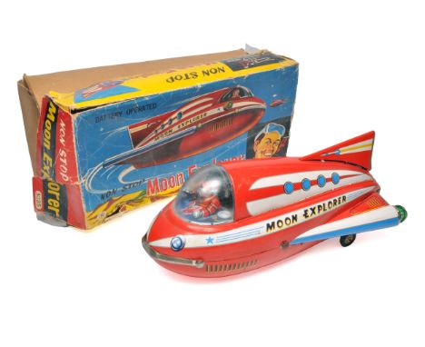 Modern Toys (Japanese) Battery Operated Tinplate Moon Explorer, 36cm. Missing battery compartment cover. One light cover loos