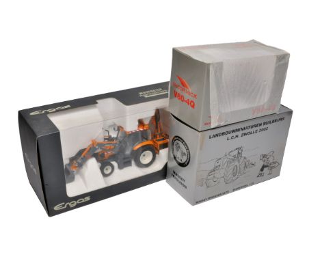 Trio of farm model issues including Universal Hobbies Renault Ergos loader and cutter set, Siku for LCN Zwolle 2002 Show Mode