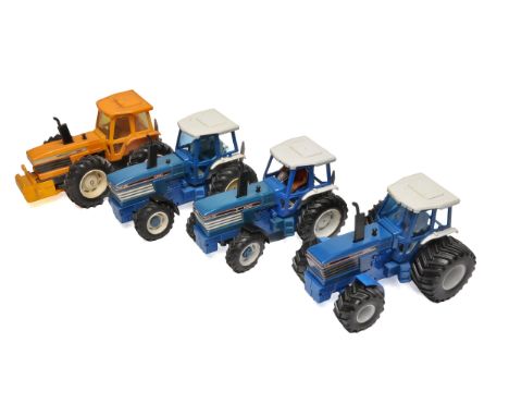 Britains 1/32 farm model issues comprising Ford trio and County tractor 1884. As shown.