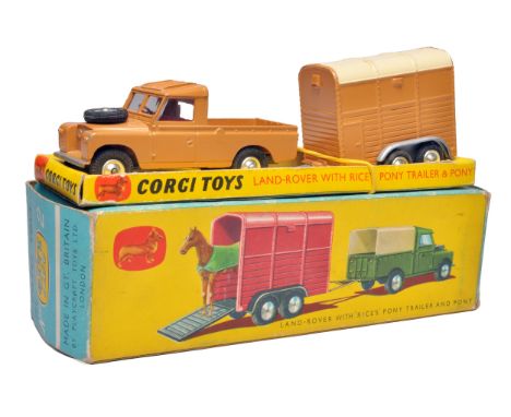 Corgi No. GS2 Gift set comprising Land rover. Light tan with red interior plus Horse Box. Light tan, cream roof. Displays mos