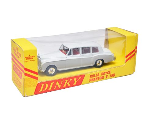 Dinky No. 198 Rolls Royce Phantom V. Two-tone light grey over mid-grey, red interior with figure, chrome trim and spun hubs. 