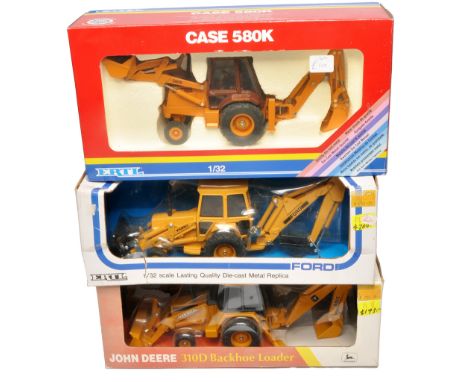 Ertl trio 1/32 model issues comprising Case, John Deere and Ford Tractor Backhoe/Loaders. All appear without fault, in origin