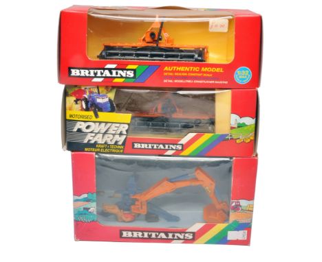 Britains Trio 1/32 farm machinery to include Twose Rear Mounted Digger (9536) Maschio Harrow (9576 plus Power Farm powered Ha