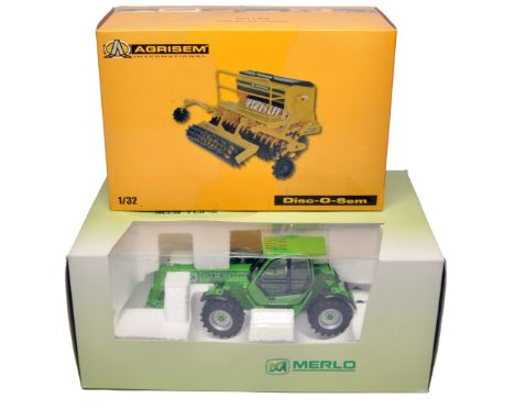 ROS  1/32 farm issue comprising Merlo Telescopic boom Tractor plus Replicagri Disc-O-Sem DS 1100 Seed Drill. Both appear with
