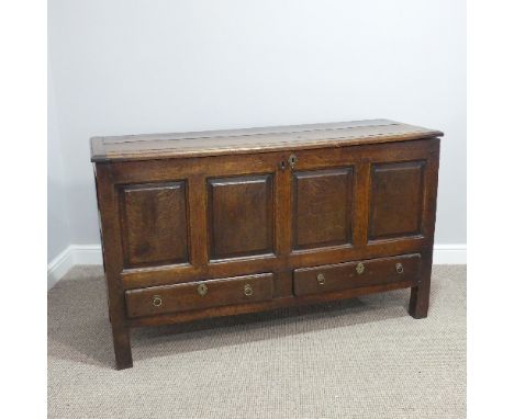 A George III oak Mule Chest, with hinged lid, above four panel front, over two drawers, on square legs, W 139cm x D 50cm x H 