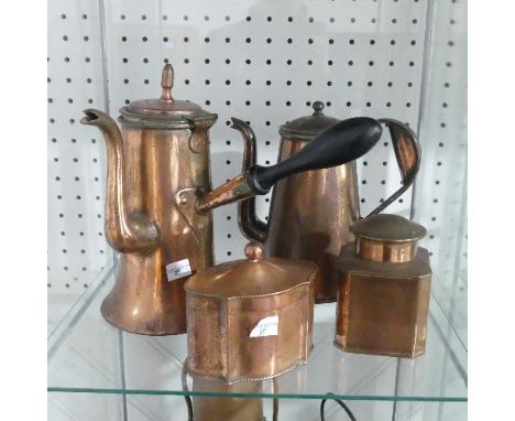 A small quantity of antique Copper wares, to include a silver shape tea caddy, cockerel lidded egg box, saucepan etc (qty) 