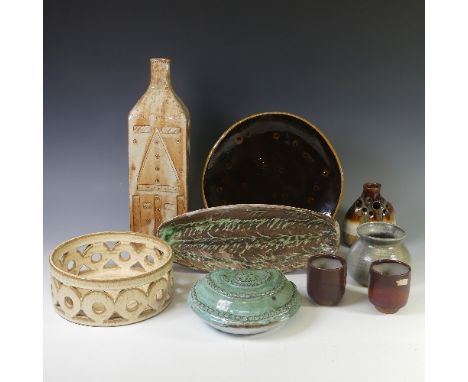 A small quantity of Studio Pottery, to include a Troika-style Vase, a Bowl with pierced surround, impressed mark, large textu