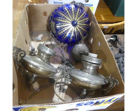 A quantity of vintage ceiling lights, to include a blue glass Bohemian style pendant shade with gilt decoration, together wit