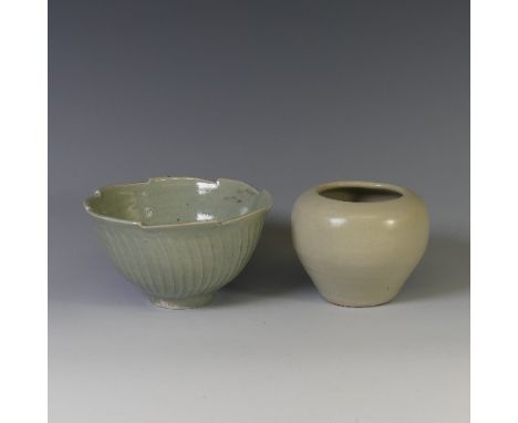 A Leach studio pottery small lobed Bowl, in off-white glaze, with impressed mark near foot, together with a Jeremy Leach foot