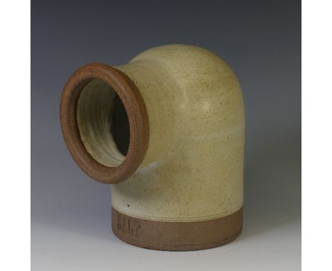 A Robin Welch stoneware Salt Pig, in smooth oatmeal glaze and textured rims, impressed with 'SALT' to front and 'Robin Welch 
