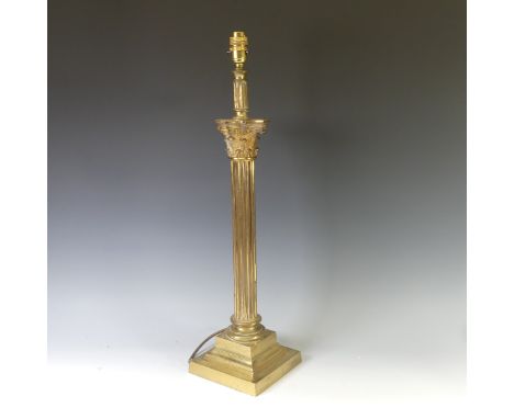 A vintage brass Corinthian Column Table Lamp, on stepped square base, H 65cm. 